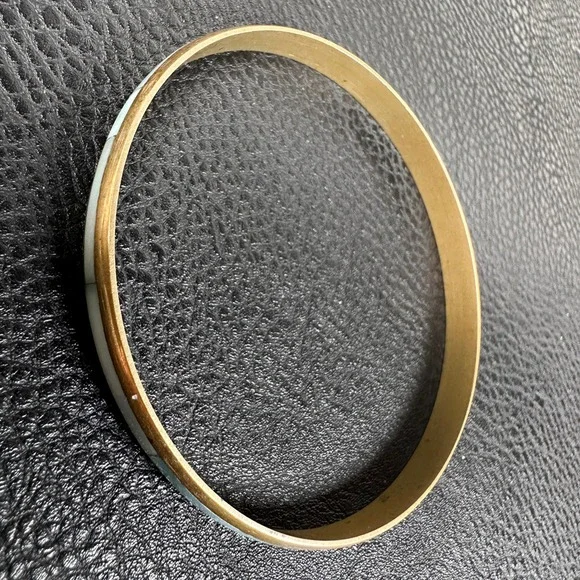 Vintage Brass Mother of Pearl Inlay Bangle Southwestern Boho Natural Shell - Picture 5 of 8